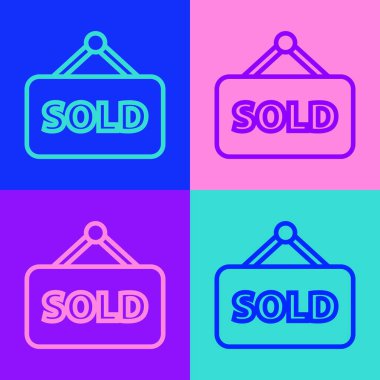 Renk arkaplanında izole edilmiş metin satışı simgesi olan pop sanat çizgisi asma işareti. Çıkartma satıldı. Tabela satıldı. Vektör İllüstrasyonu.