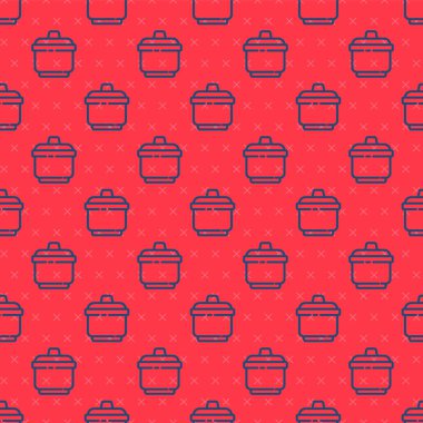 Mavi çizgili tencere ikonu kırmızı arka planda izole edilmiş. Haşlama ya da güveç besin sembolü. Vektör İllüstrasyonu.