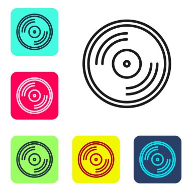 Siyah çizgi Vinil disk simgesi beyaz arkaplanda izole edildi. Renkli kare düğmelerle simgeleri ayarla. Vektör İllüstrasyonu.