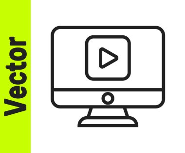 Siyah çizgi çevrimiçi video simgesi beyaz arkaplanda izole edildi. Bilgisayar monitörü ve oyun işaretli film şeridi. Vektör İllüstrasyonu.