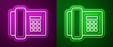 Parlayan neon hattı telefon ikonu mor ve yeşil arka planda izole edildi. Sabit telefon. Vektör İllüstrasyonu.