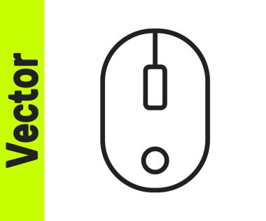 Siyah çizgi bilgisayar fare simgesi beyaz arkaplanda izole edildi. Tekerlek sembollü optik. Vektör İllüstrasyonu.