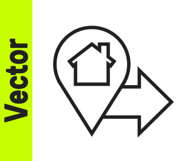 Beyaz zemin üzerinde ev simgesi olan siyah çizgi haritası işaretçisi. Ev konumu belirleyici sembol. Vektör İllüstrasyonu.