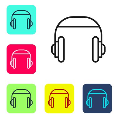 Siyah çizgi kulaklık simgesi beyaz arkaplanda izole edildi. Müşteri hizmetleri, yardım hattı, çağrı merkezi, faq, bakım. Renkli kare düğmelerle simgeleri ayarla. Vektör İllüstrasyonu.