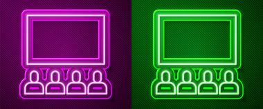 Mor ve yeşil arkaplanda izole edilmiş ekran ikonu ile parlayan neon hattı sinema salonu. Vektör İllüstrasyonu.