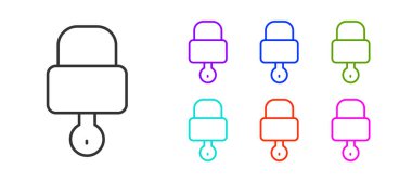 Siyah çizgi Kilit ve anahtar simgesi beyaz arkaplanda izole edildi. Asma kilit işareti. Güvenlik, güvenlik, koruma, gizlilik kavramı. Simgeleri renklendirin. Vektör İllüstrasyonu.