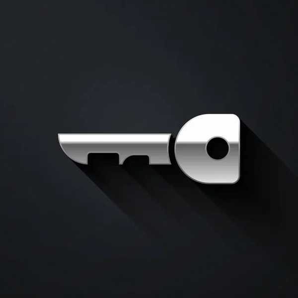 Icona Silver Key Isolata Sfondo Nero Lungo Stile Ombra Illustrazione — Vettoriale Stock