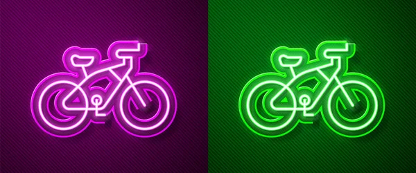 Ligne Lumineuse Néon Icône Vélo Isolé Sur Fond Violet Vert — Image vectorielle