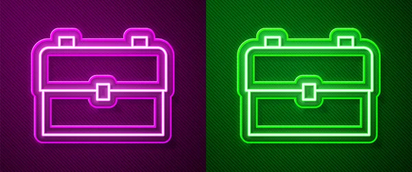 Icono Mochila Escuela Brillante Línea Neón Aislado Sobre Fondo Púrpura — Vector de stock