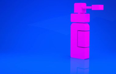 Mavi arka planda izole edilmiş burun ve boğaz ikonu hastalıklarının tedavisi için püskürtülmüş pembe tıbbi şişe. Minimalizm kavramı. 3 boyutlu illüstrasyon. 3 Boyutlu Hazırlama