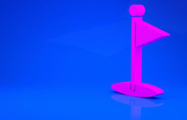 Mavi arkaplanda izole edilmiş pembe golf bayrağı simgesi. Golf ekipmanı ya da aksesuar. Minimalizm kavramı. 3 boyutlu illüstrasyon. 3 Boyutlu Hazırlama