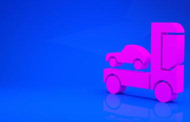 Mavi arka planda izole edilmiş araç simgesini taşımak için pembe araba taşıyıcı kamyonu. Minimalizm kavramı. 3 boyutlu illüstrasyon. 3 Boyutlu Hazırlama