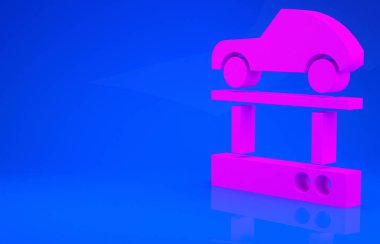 Mavi arka planda izole edilmiş bir asansör ikonundaki pembe tamir arabası. Alt gövdenin tamiri, süspansiyon, tekerlekler ve motor. Minimalizm kavramı. 3 boyutlu illüstrasyon. 3 Boyutlu Hazırlama