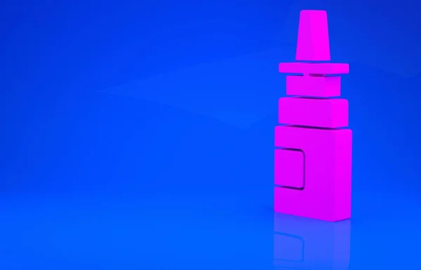 Różowa butelka aerozol do nosa ikona izolowane na niebieskim tle. Koncepcja minimalizmu. Ilustracja 3D. Renderowanie 3D — Zdjęcie stockowe