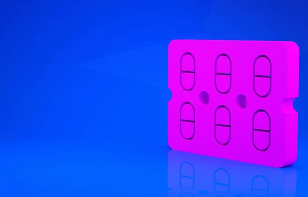Comprimidos cor-de-rosa em blister pack ícone isolado no fundo azul. Pacote de drogas médicas para comprimido, vitamina, antibiótico, aspirina. Conceito de minimalismo. Ilustração 3d. Renderização 3D — Fotografia de Stock