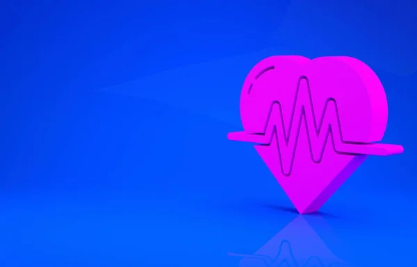 Рожева піктограма частоти серцевих скорочень ізольована на синьому фоні. Знак серцебиття. Значок пульсу серця. Піктограма кардіограми. Концепція мінімалізму. 3d ілюстрація. 3D візуалізація — стокове фото