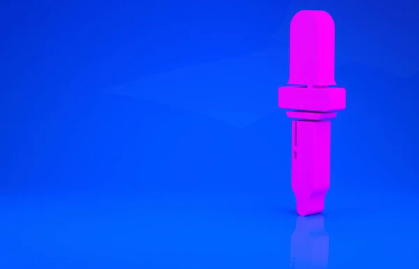 Ícone de pipeta rosa isolado no fundo azul. Elemento de equipamento médico, de laboratório de química. Pipeta com gota. Símbolo da medicina. Conceito de minimalismo. Ilustração 3d. Renderização 3D — Fotografia de Stock