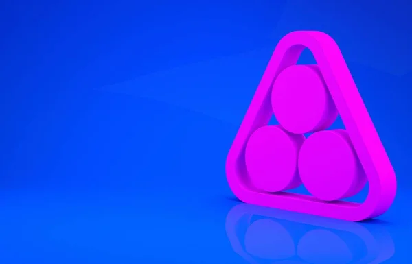 파란 배경에 고립 된 랙 삼각형 아이콘 안의 핑크 비어드 공. 미니멀리즘의 개념입니다. 3d 는 다음을 가리킨다. 3D 렌더링 — 스톡 사진