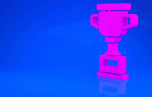 Rózsaszín kupa ikon elszigetelt kék háttérrel. Győztes trófea szimbólum. Bajnokság vagy verseny trófea. Sportteljesítmény tábla. Minimalizmus koncepció. 3D illusztráció. 3D renderelés — Stock Fotó