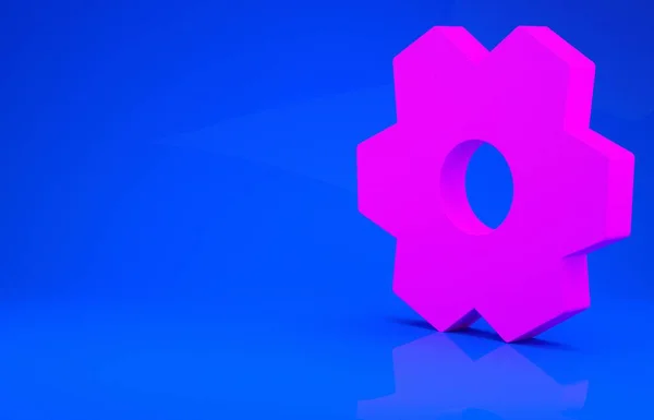 Ícone de engrenagem rosa isolado no fundo azul. Cogwheel sinal de configurações de engrenagem. Símbolo Cog. Conceito de minimalismo. Ilustração 3d. Renderização 3D — Fotografia de Stock