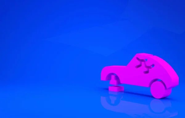 Ikona Pink Broken na niebieskim tle. Zmiażdżenie samochodu. Koncepcja minimalizmu. Ilustracja 3D. Renderowanie 3D — Zdjęcie stockowe