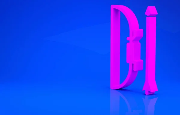 핑크 활과 화살이 조용 한 아이콘으로 파란색 배경에 분리되어 있습니다. 미니멀리즘의 개념입니다. 3d 는 다음을 가리킨다. 3D 렌더링 — 스톡 사진