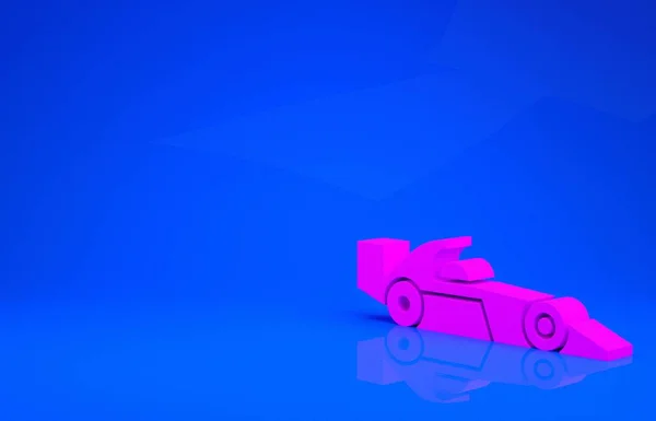 Pinkfarbene Formel-1-Rennwagen-Ikone auf blauem Hintergrund. Minimalismus-Konzept. 3D-Illustration. 3D-Renderer — Stockfoto