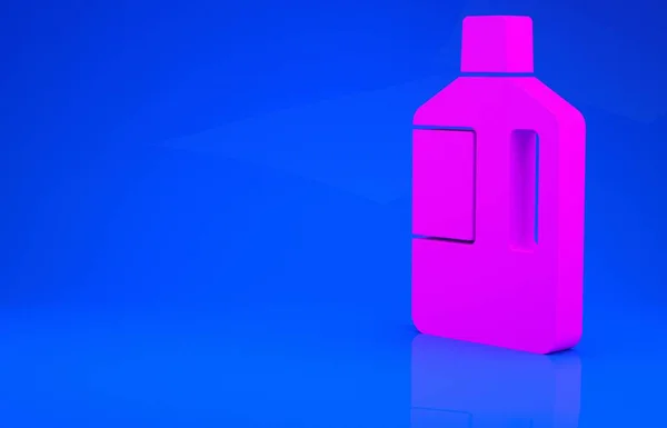 파란색 배경에 깨끗 한 물 아이콘이 있는 핑크 빅 병이요. 냉각기를 위한 플라스틱 용기. 미니멀리즘의 개념입니다. 3d 는 다음을 가리킨다. 3D 렌더링 — 스톡 사진