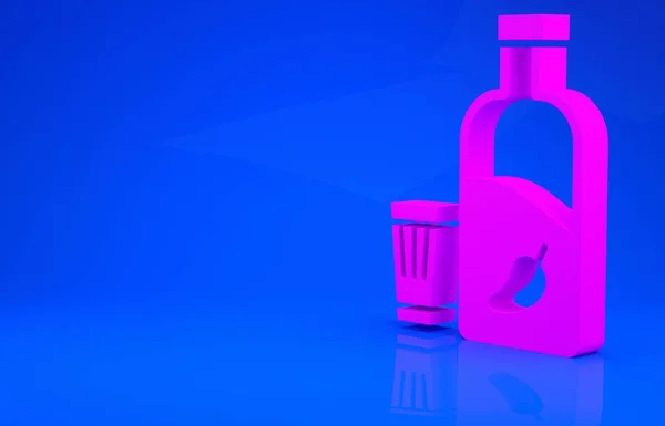 Vodka rosa con icona di pepe e vetro isolata su sfondo blu. Alcol nazionale ucraino. Concetto minimalista. Illustrazione 3d. Rendering 3D — Foto Stock