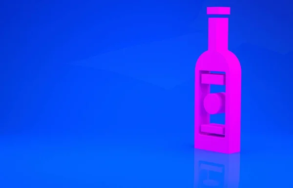 Pink Glass bottle of vodka icon isolated on blue background. Minimalism concept. 3d illustration. 3D render — Stock Photo, Image