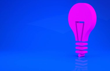 Mavi arka planda izole edilmiş fikir ikonu kavramına sahip pembe ampul. Enerji ve fikir sembolü. İlham konsepti. Minimalizm kavramı. 3 boyutlu illüstrasyon. 3 Boyutlu Hazırlama