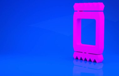 Pembe gübre torbası ikonu mavi arkaplanda izole edilmiş. Minimalizm kavramı. 3 boyutlu illüstrasyon. 3 Boyutlu Hazırlama