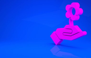 Pembe El çiçek ikonunu mavi arka planda tutuyor. Tohum ve tohum. Fidan dikiyorum. Ekoloji konsepti. Minimalizm kavramı. 3 boyutlu illüstrasyon. 3 Boyutlu Hazırlama