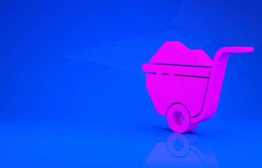 Mavi arka planda kir simgesi olan pembe el arabası. Alet edevat. Tarım arabası tekerlek çiftliği. Minimalizm kavramı. 3 boyutlu illüstrasyon. 3 Boyutlu Hazırlama