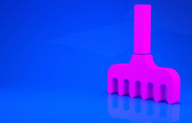 Pembe bahçe tırmık simgesi mavi arkaplanda izole edilmiş. Bahçecilik, tarım, çiftçilik aleti. Toprak işçisi. Minimalizm kavramı. 3 boyutlu illüstrasyon. 3 Boyutlu Hazırlama