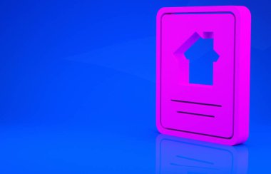 Tablet ikonundaki Pink Online emlak evi mavi arka planda izole edilmiş. Ev kredisi konsepti, kira, satın alma, mülk alma. Minimalizm kavramı. 3 boyutlu illüstrasyon. 3 Boyutlu Hazırlama