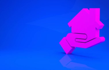 Pembe emlakçı simgesi mavi arkaplanda izole edildi. Ev almak. Minimalizm kavramı. 3 boyutlu illüstrasyon. 3 Boyutlu Hazırlama