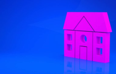 Pembe Ev simgesi mavi arkaplanda izole edilmiş. Ev sembolü. Minimalizm kavramı. 3 boyutlu illüstrasyon. 3 Boyutlu Hazırlama