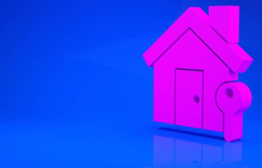 Mavi arka planda anahtar simgesi olan Pembe Ev. Ev anahtarının konsepti. Minimalizm kavramı. 3 boyutlu illüstrasyon. 3 Boyutlu Hazırlama