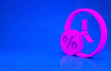 Pembe saat ve yüzde ikon mavi arkaplanda izole edilmiş. Minimalizm kavramı. 3 boyutlu illüstrasyon. 3 Boyutlu Hazırlama