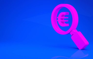 Pembe büyüteç ve avro sembolü mavi arka planda izole edilmiş. Para bul. Para arıyorum. Minimalizm kavramı. 3 boyutlu illüstrasyon. 3 Boyutlu Hazırlama