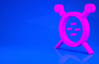 Mavi arka planda pembe dikiş düğmesi ve örgü iğneleri ikonu var. Giysi düğmesi. Minimalizm kavramı. 3 boyutlu illüstrasyon. 3 Boyutlu Hazırlama