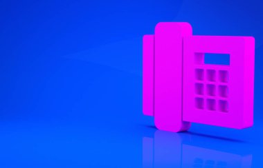 Pembe Telefon simgesi mavi arkaplanda izole edildi. Sabit telefon. Minimalizm kavramı. 3 boyutlu illüstrasyon. 3 Boyutlu Hazırlama