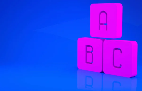 青の背景に孤立したピンクのABCブロックアイコン。文字A 、 B 、 Cのアルファベットの立方体。最小限の概念。3Dイラスト。3Dレンダリング — ストック写真