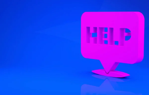 Bolha de fala rosa com texto Ícone de ajuda isolado no fundo azul. Conceito de minimalismo. Ilustração 3d. Renderização 3D — Fotografia de Stock