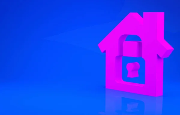보호받는 핑크 하우스는 푸른 배경에 고립되어 있습니다. 집에 가서 잠가. 보호, 안전, 보안, 보호, 방어 개념. 미니멀리즘의 개념입니다. 3d 는 다음을 가리킨다. 3D 렌더링 — 스톡 사진