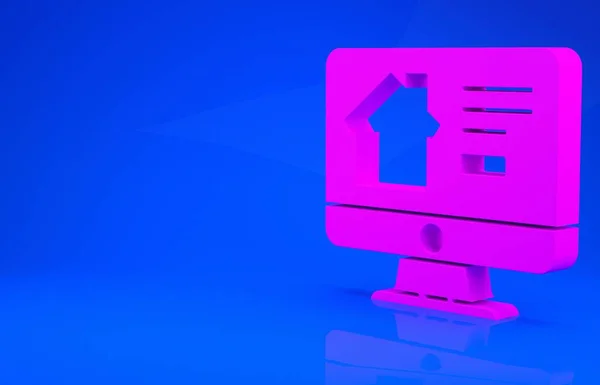 Pink Online casa de bienes raíces en el icono del monitor aislado sobre fondo azul. Concepto de préstamo hipotecario, alquiler, compra, compra de una propiedad. Concepto minimalista. Ilustración 3d. Renderizado 3D —  Fotos de Stock