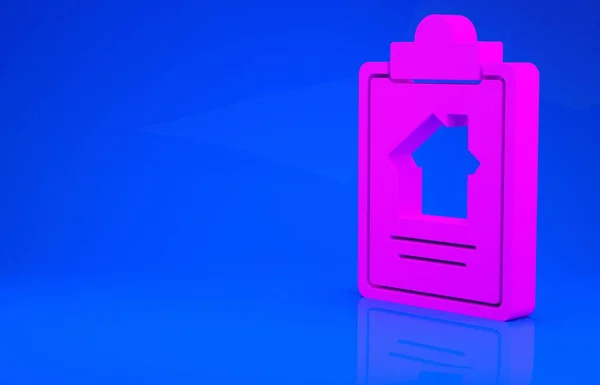 Ícone de contrato da Pink House isolado no fundo azul. Serviço de criação de contratos, formação de documentos, composição de formulários de candidatura. Conceito de minimalismo. Ilustração 3d. Renderização 3D — Fotografia de Stock