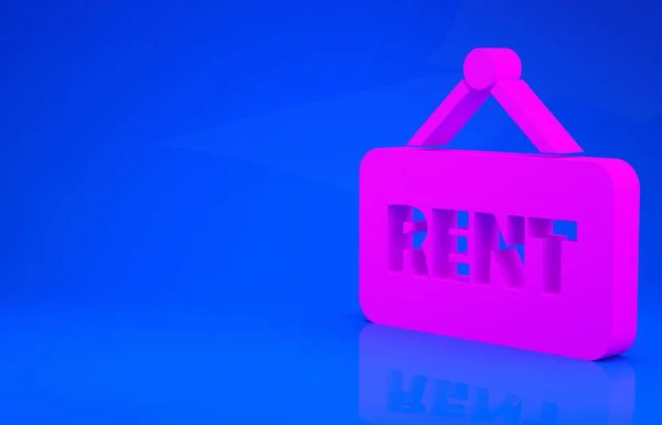 Pink Hanging σήμα με κείμενο Rent εικονίδιο απομονώνονται σε μπλε φόντο. Πινακίδα με κείμενο προς ενοικίαση. Μινιμαλιστική έννοια. 3d εικόνα. 3D απόδοση — Φωτογραφία Αρχείου