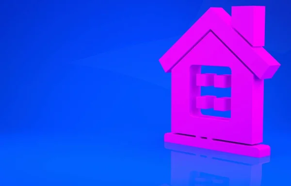 Rosa huset ikon isolerad på blå bakgrund. Hemsymbol. Minimalistiskt koncept. 3D-illustration. 3D-återgivning — Stockfoto